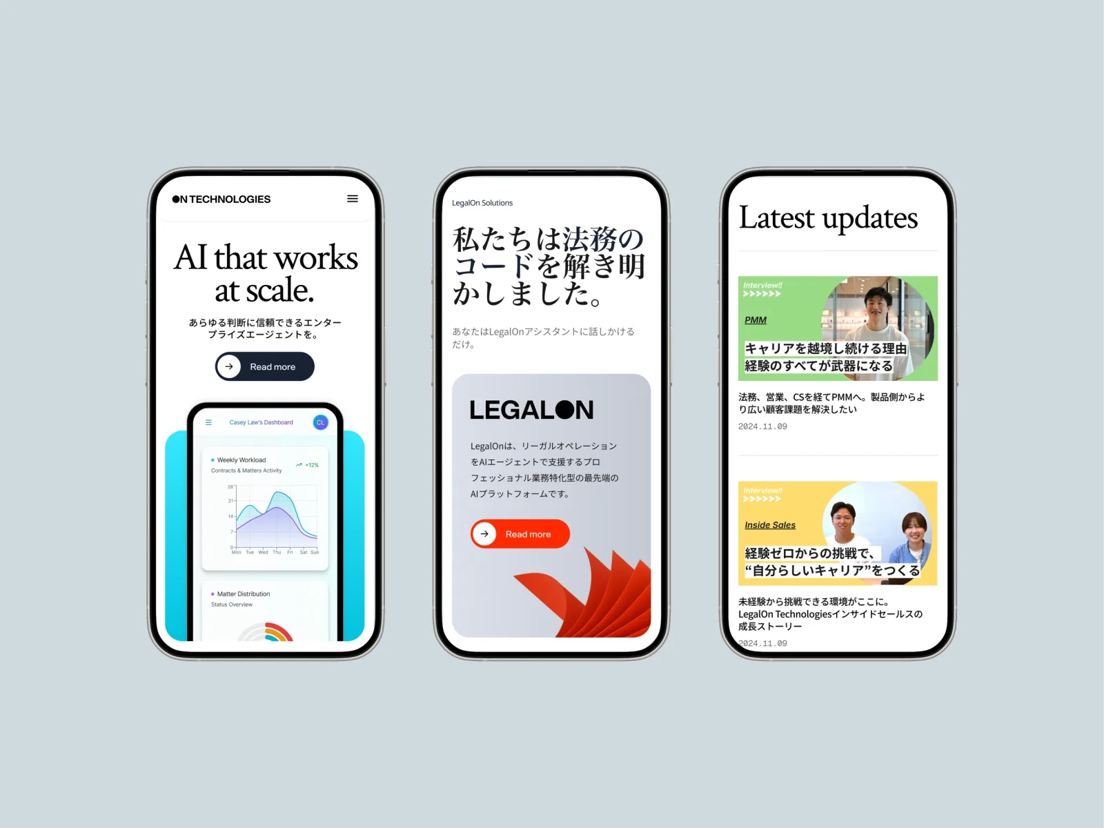 On Technologiesのトップページ、バイリンガルのLegalOnプロダクトページ、最新のインタビュー記事を掲載した企業ブログを示す3枚のモバイル画面。