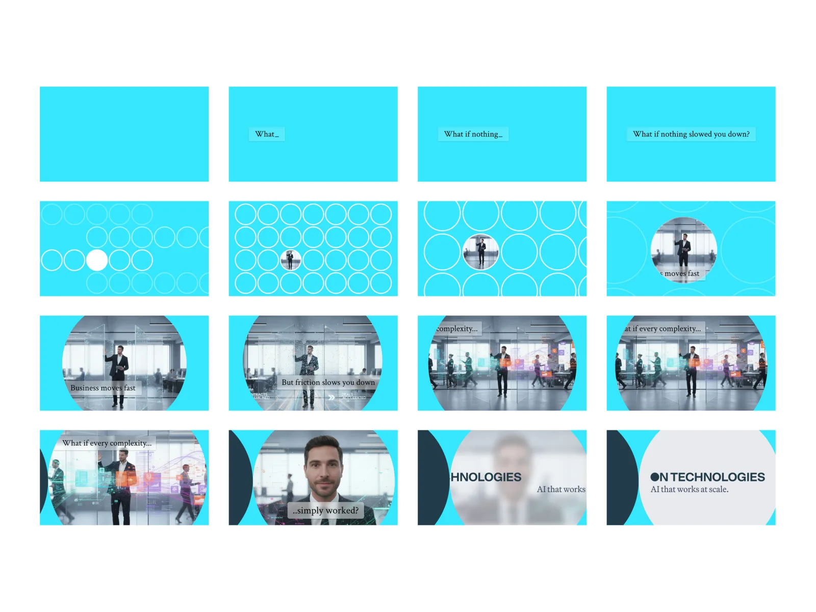 「What if nothing slowed you down?」というセリフから始まり、On Technologiesのロゴロックアップで終わるブランド動画のストーリーボード。